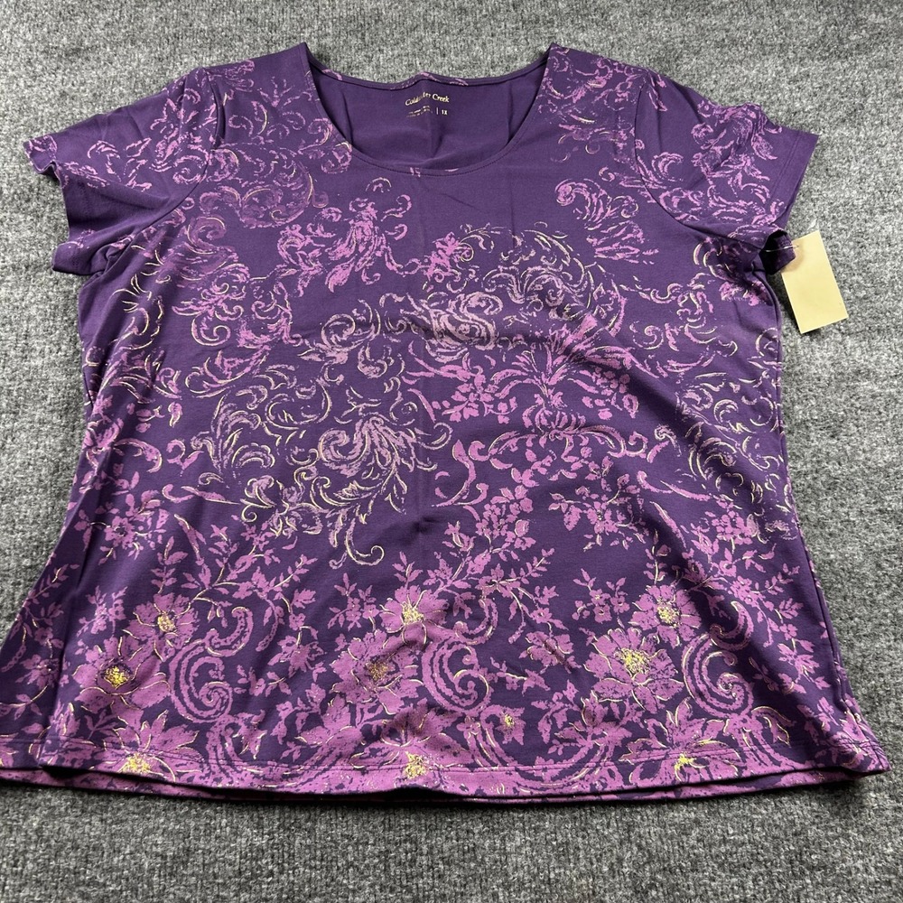Coldwater Creek Purple Gold Foil Scroll Floral Tee Shirt Womens 1X Short Sleeve